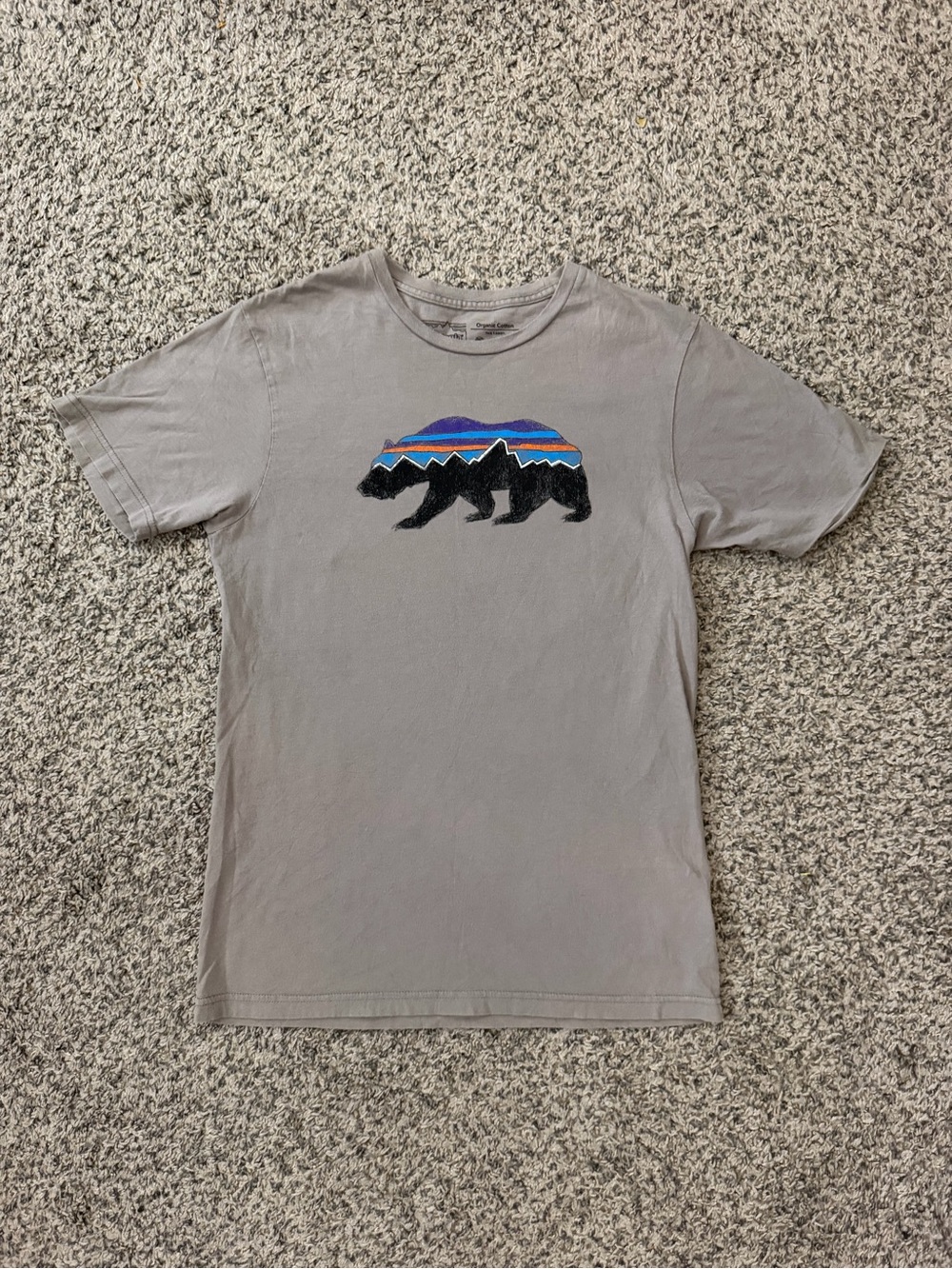 Patagonia Gray Graphic Bear T-Shirt with Blue and Orange Accents